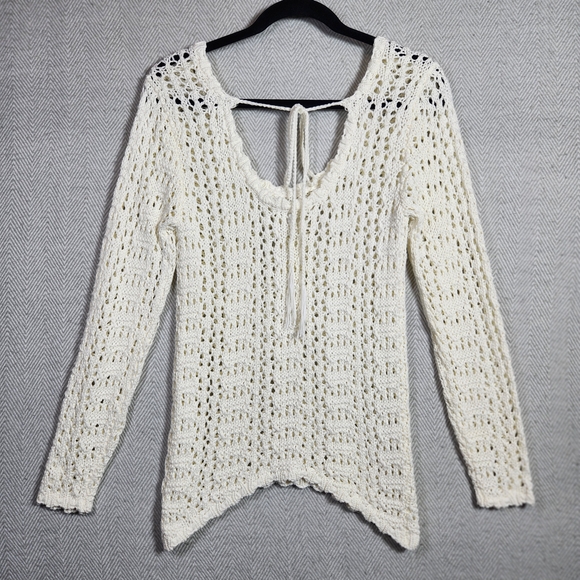 Venus Womens Small Cream Crochet Open Weave Long Sleeve Festival Sweater Boho - Picture 3 of 9